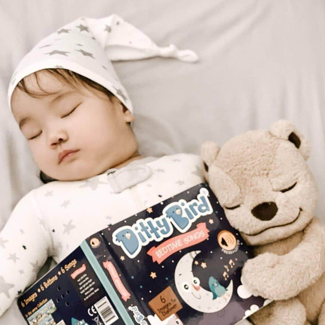 A baby in star-print pajamas and hat sleeps soundly, holding the Ditty Bird Bedtime Songs sound book of lullabies, with a plush teddy bear under one arm.