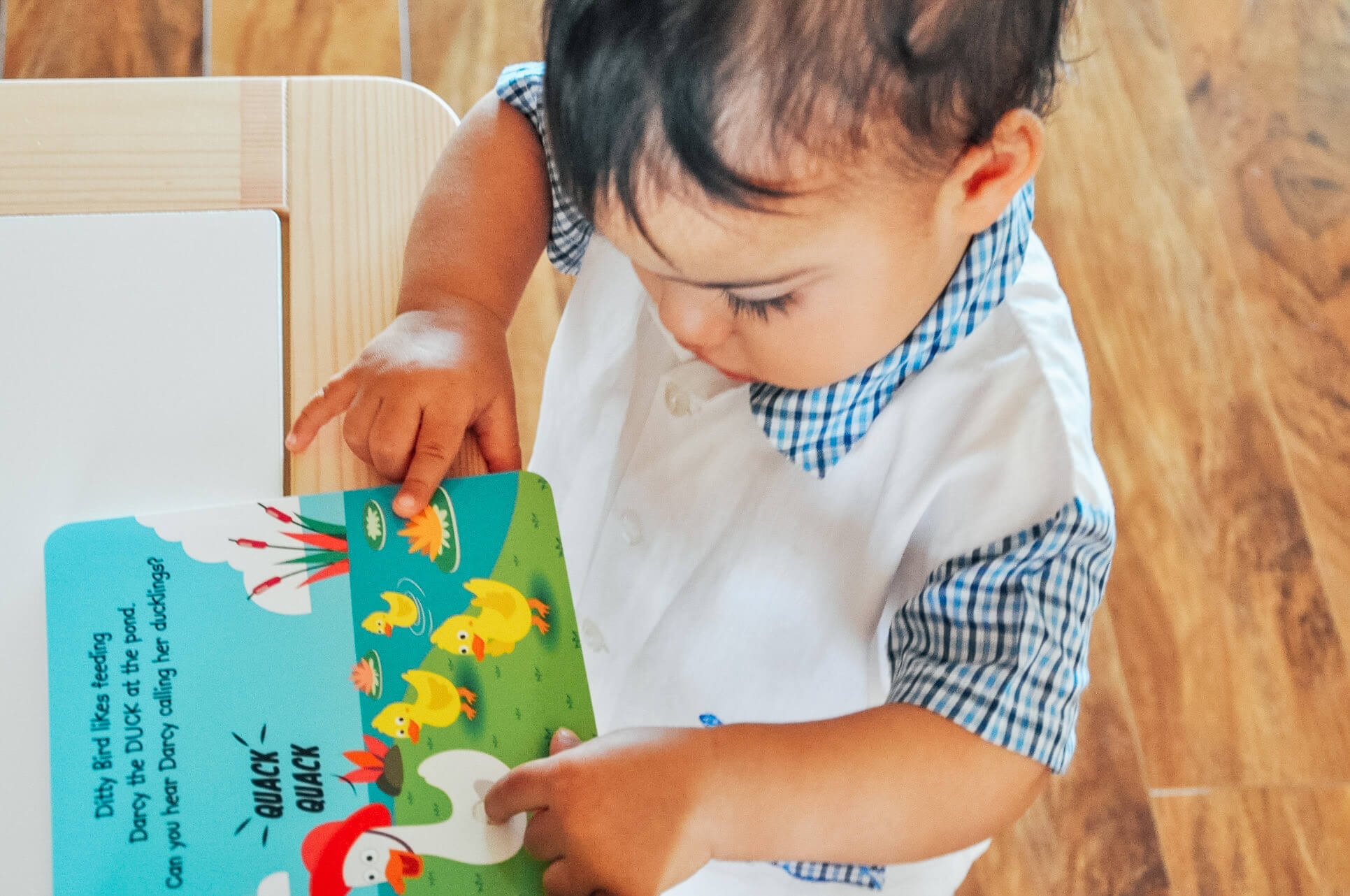 A toddler in a white shirt with blue trim looks down and points at the Ditty Bird "Farm Animal Sounds" book featuring colorful farm animal illustrations on a wooden floor.