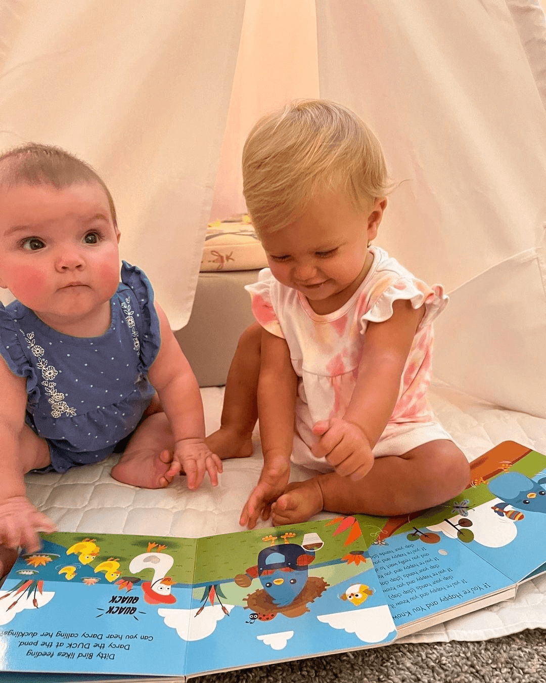Two babies sit on a white mat inside a light tent, reading Ditty Bird's Farm Animal Sounds book together. One wears blue, while the other in light pink smiles at the book’s playful farm animal sounds.
