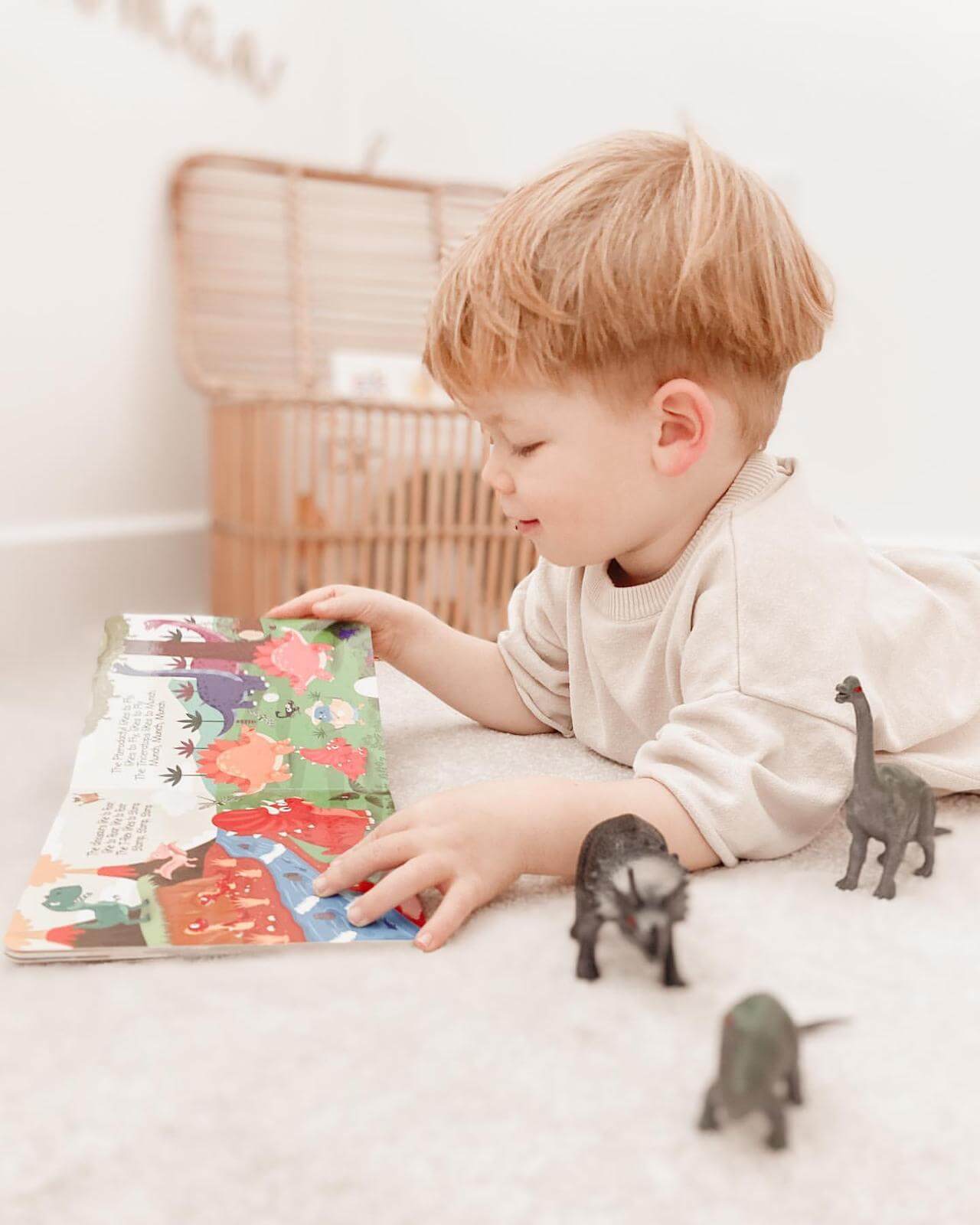 A young blond child lies on a carpet, reading Ditty Bird’s “Dinosaur Sounds” book. Three toy dinosaurs are nearby and a woven basket sits in the background, making for a cozy, imaginative scene of prehistoric adventure.