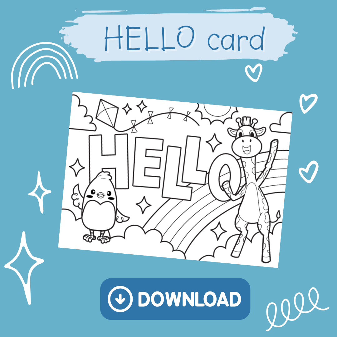 A coloring page featuring the word HELLO, a bird, a giraffe holding the O, rainbow, stars, clouds, and kites. Perfect for early learning fun—like an educational toy for little ones. "HELLO card" is above with a blue DOWNLOAD button below.