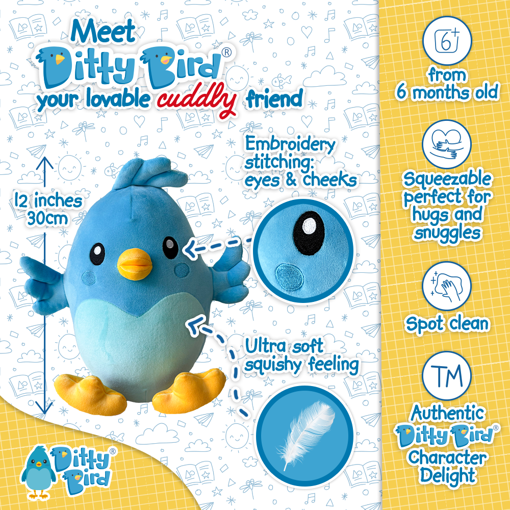 The Ditty Bird Squishy Soft Plush by Ditty Bird is an ultra-soft, huggable blue plush with yellow feet and embroidered eyes, perfect for infants 6+ months. Stands 12" tall and complements the beloved musical book series.