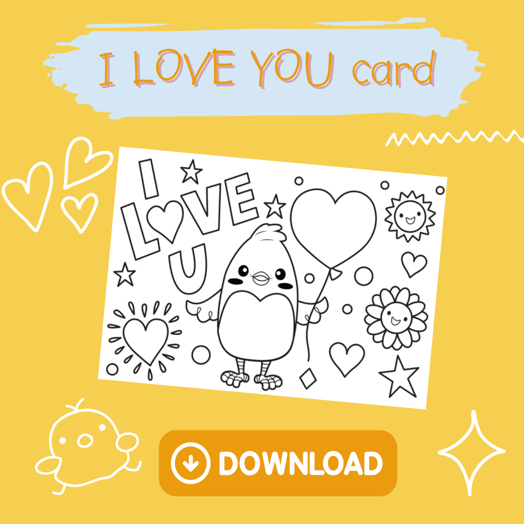 Coloring page featuring a cute bird holding a heart balloon, surrounded by stars and smiling suns with "I LOVE U"—designed to inspire early learning and creativity, just like an educational toy. Download on a cheerful yellow background with decorative hearts.