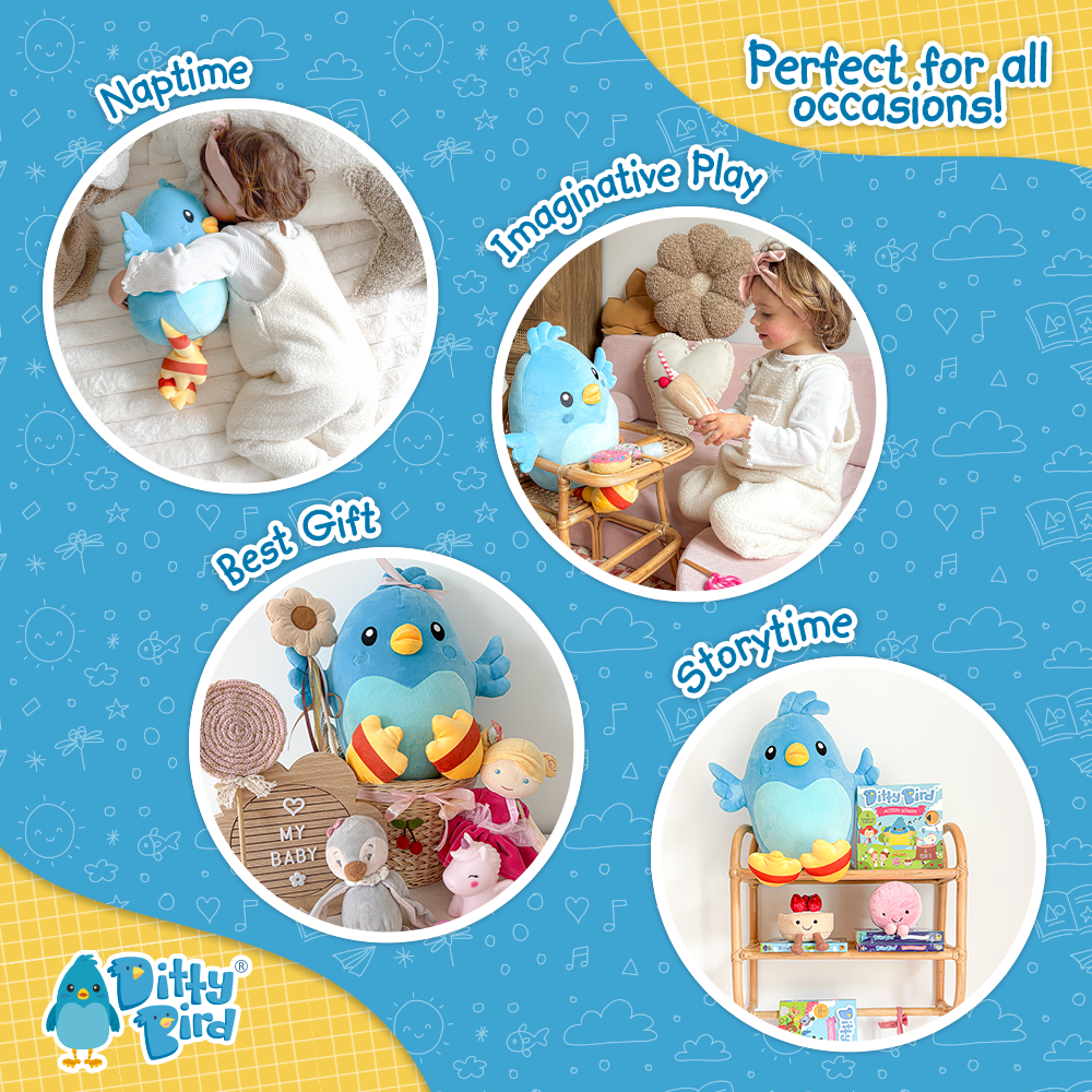 A collage features the NEW! Ditty Bird Squishy Soft Plush by Ditty Bird—your cozy companion for naps, imaginative play, gifting, and storytime. Decorative text highlights its versatility, with the Ditty Bird logo displayed in the corner.