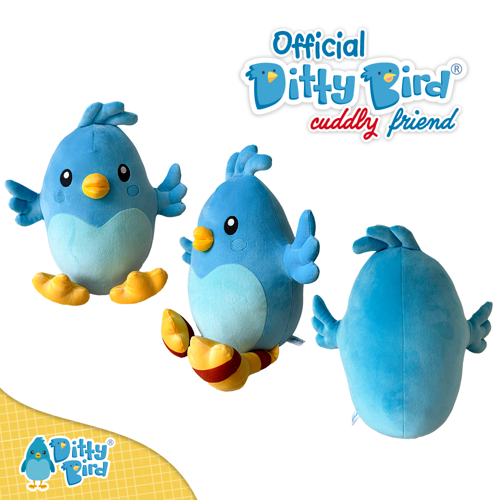 Three views of the NEW! Ditty Bird Squishy Soft Plush—a blue, round bird with yellow beak and feet, small wings, and huggable softness. Features official Ditty Bird branding and is inspired by the beloved Ditty Bird musical book series.