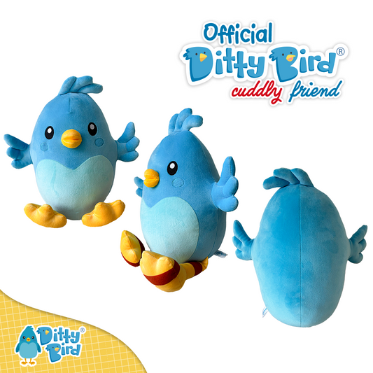 Three views of the NEW! Ditty Bird Squishy Soft Plush—a blue, round bird with yellow beak and feet, small wings, and huggable softness. Features official Ditty Bird branding and is inspired by the beloved Ditty Bird musical book series.