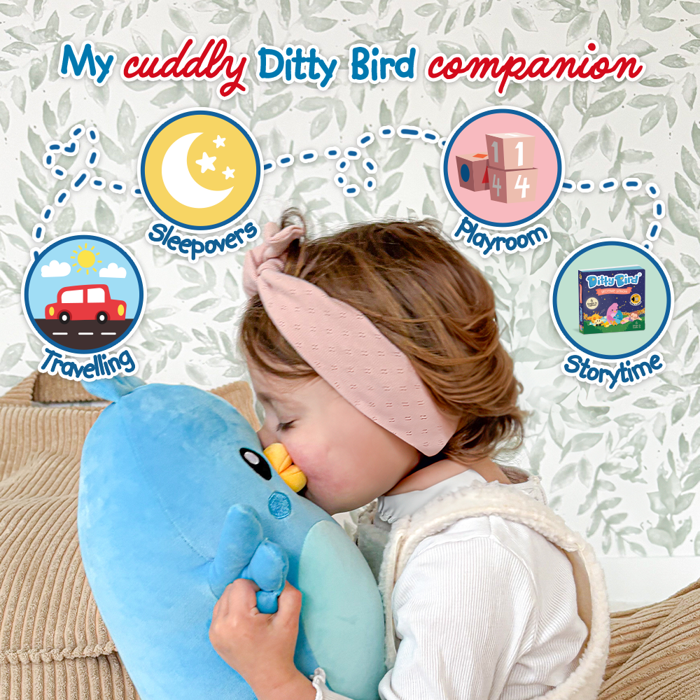 A young child hugs a NEW! Ditty Bird Squishy Soft Plush by Ditty Bird on the couch. Text above reads, My cuddly huggable companion, with icons for sleepovers, playroom, travelling, and storytime from the beloved book series.
