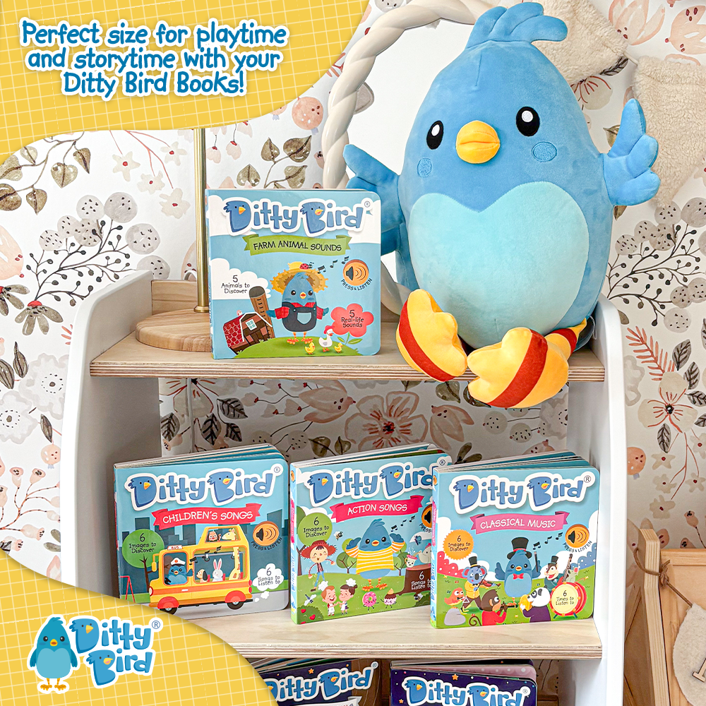 Five colorful Ditty Bird musical books, including Farm Animal Sounds and Children’s Songs, are arranged on a shelf. On top sits the NEW! Ditty Bird Squishy Soft Plush by Ditty Bird, with decorative leaf wallpaper in the background.