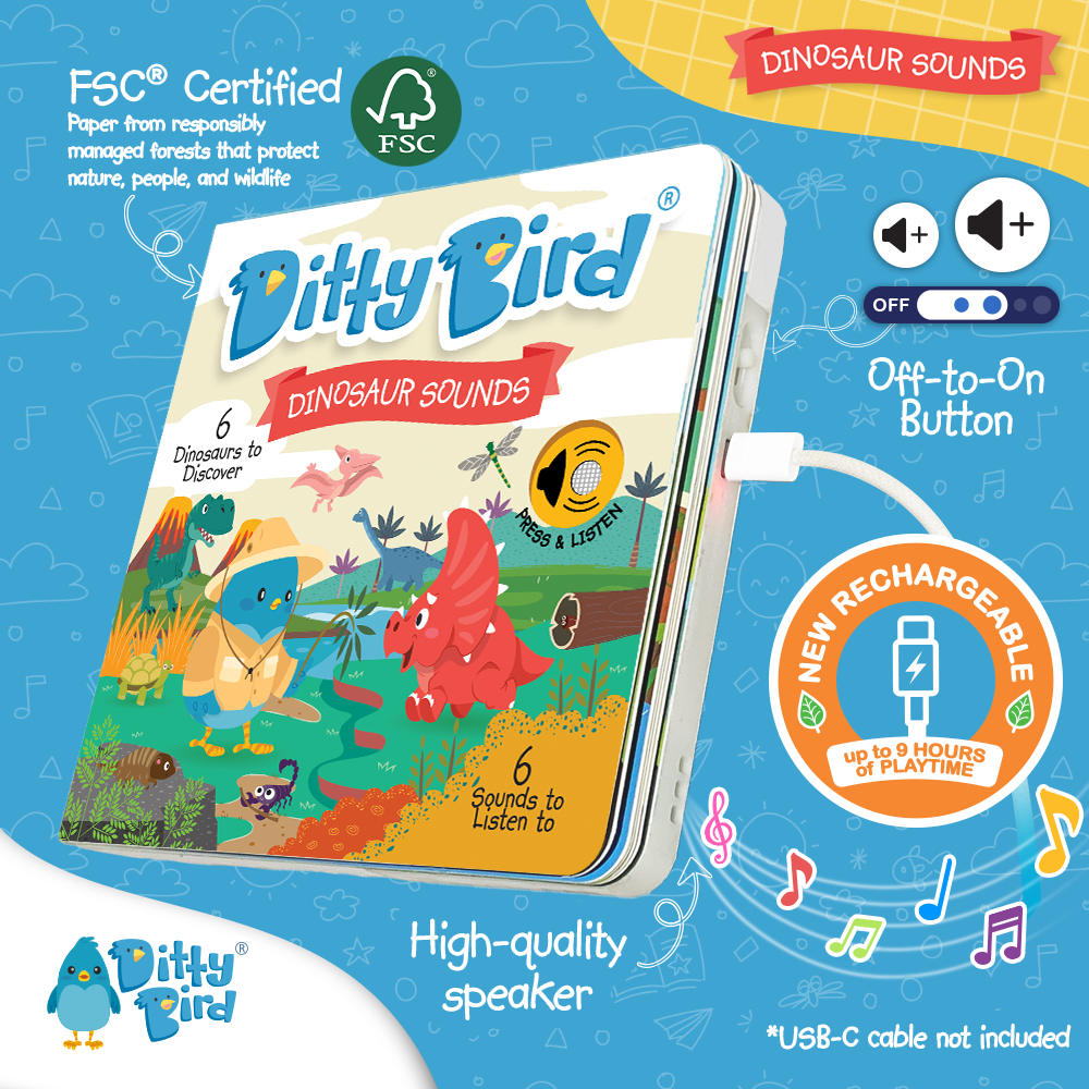 Ditty Bird dinosaur sounds book with colorful illustrations on a blue background