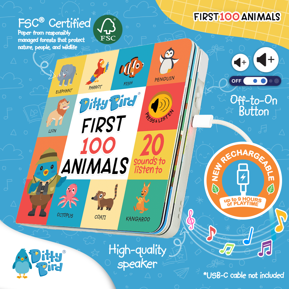 Square image of Ditty Bird's 100 Animals Sound Book | USB-C rechargeable. Cover shows cartoon elephant, penguin, and kangaroo. Labels highlight 20 animal sounds, FSC certification, USB-C charging, and musical notes.