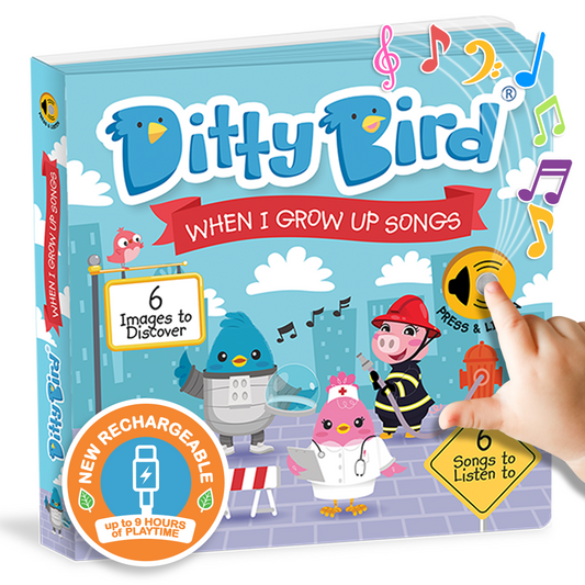 Ditty Bird children's book with colorful illustrations and a hand pressing a button.
