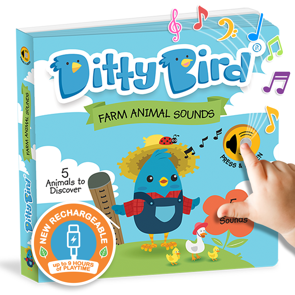 Ditty Bird farm animal sounds book with a hand pressing a button