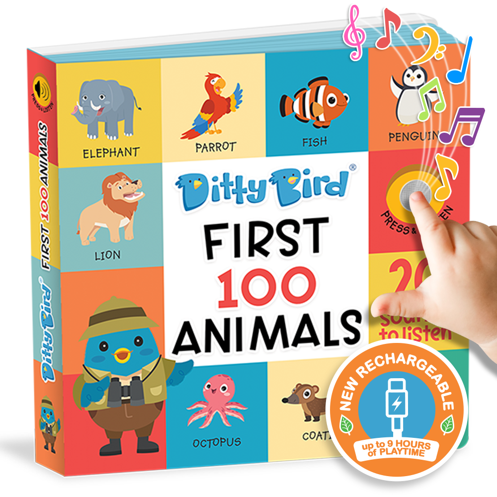 Ditty Bird’s 100 Animals Sound Book features 20 animal sounds and USB-C rechargeable battery for up to 9 hours of play. The colorful cover shows cartoon animals and a child pressing the sound button.