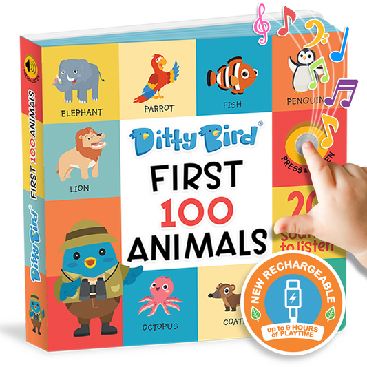 Ditty Bird’s 100 Animals Sound Book features 20 animal sounds and USB-C rechargeable battery for up to 9 hours of play. The colorful cover shows cartoon animals and a child pressing the sound button.
