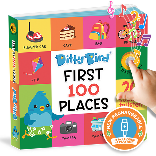 Colorful book titled 'First 100 Places' by Ditty Bird with a hand touching the cover.