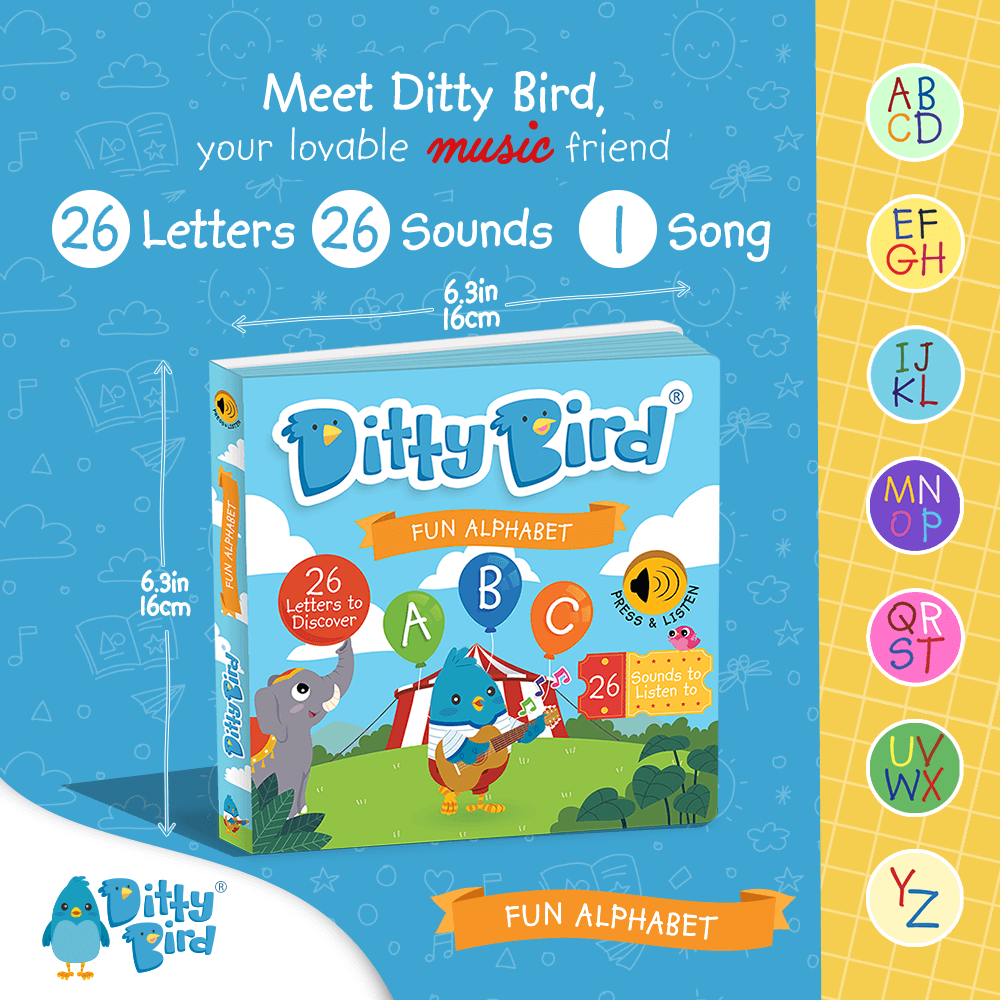 Promotional image for Ditty Bird’s ABC Fun Alphabet | AAA: an interactive alphabet sound book with a blue bird, musical notes, and colorful circles. Features 26 letters, 26 sounds, 1 song—ideal for early literacy. Book size: 6.3 in x 6.3 in.