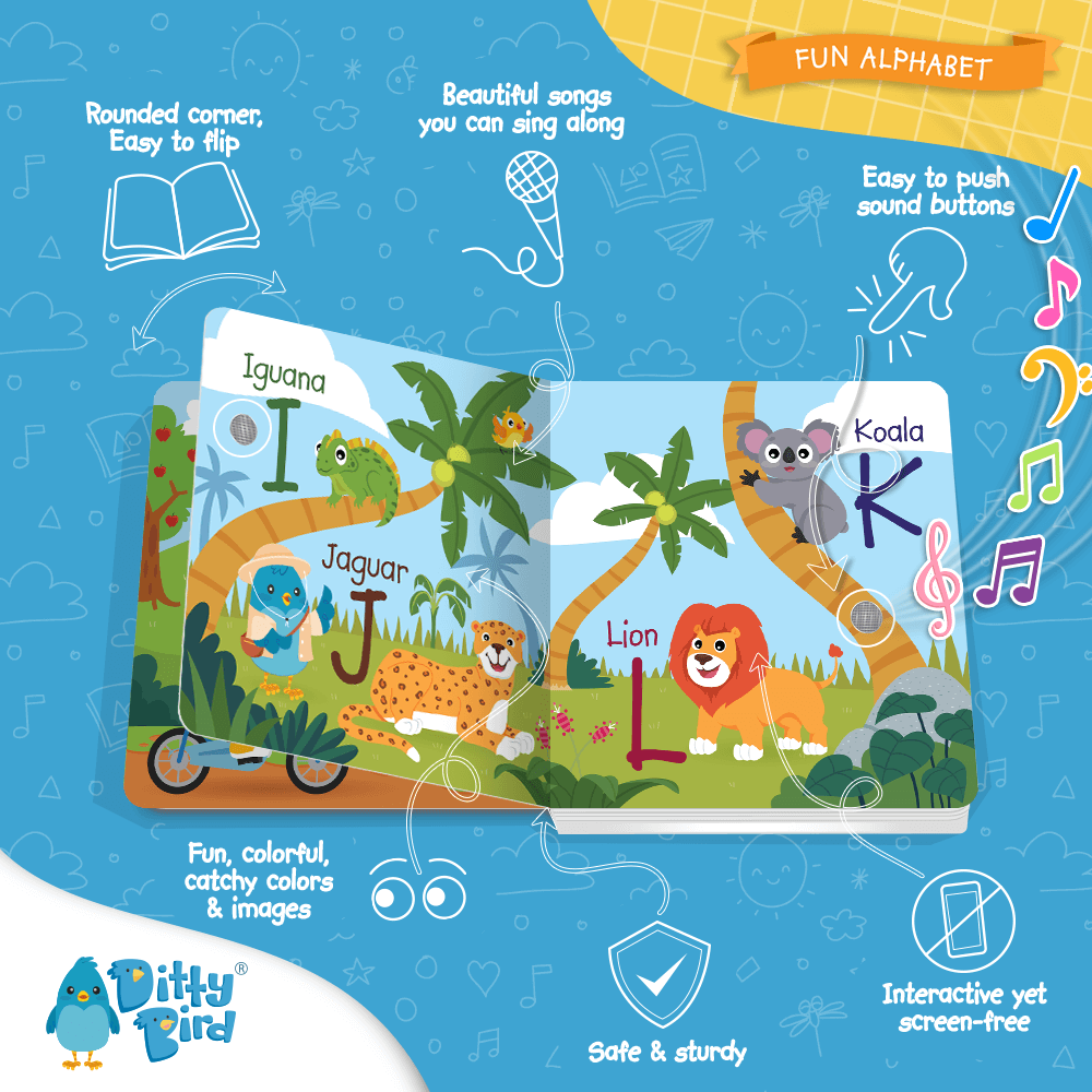 An ABC Fun Alphabet | AAA page by Ditty Bird features an iguana, jaguar, and lion in vibrant illustrations, promoting early literacy and interactive musical learning with fun sounds for children.