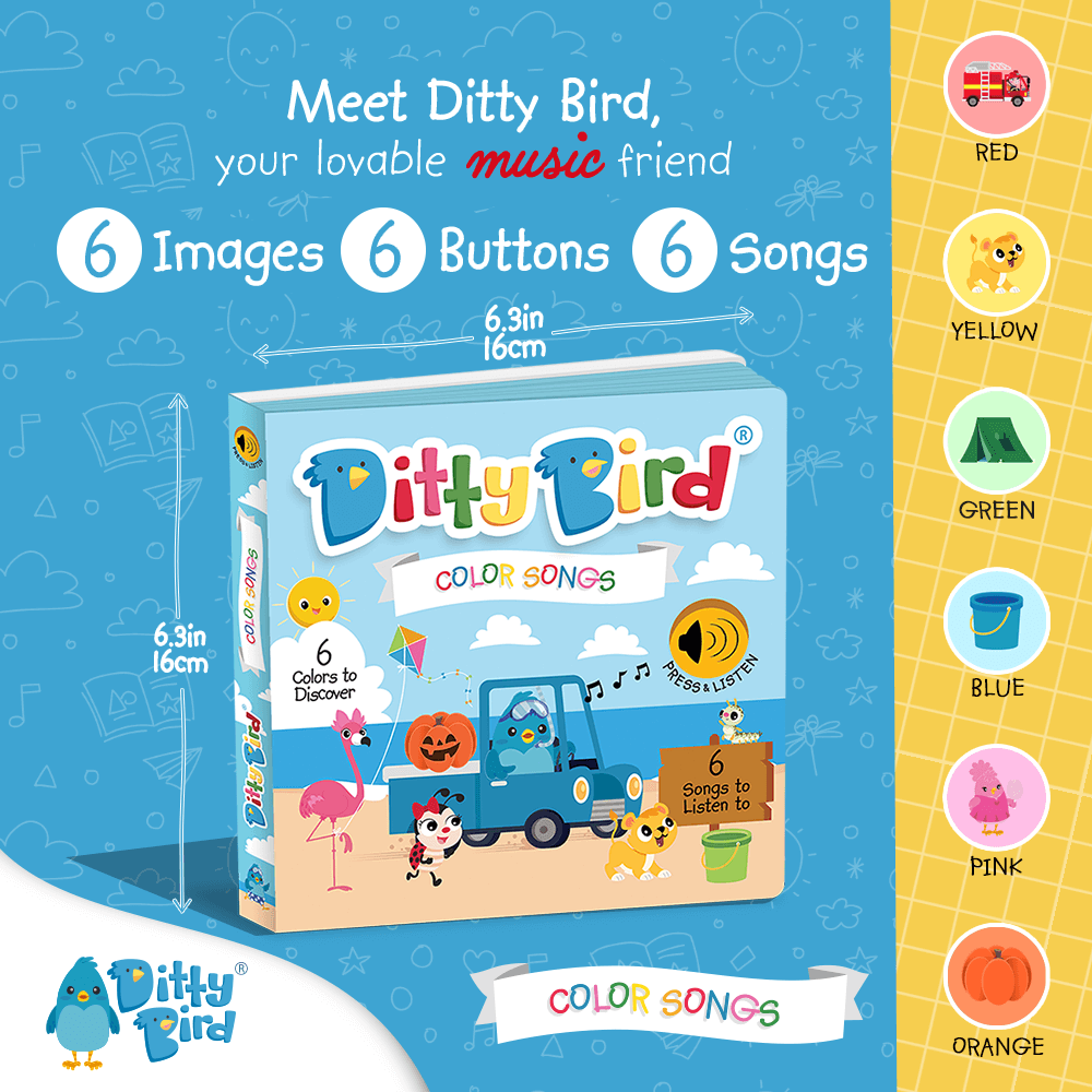 Square image of Ditty Bird’s Color Songs | AG10 model, designed for preschoolers to learn colors. Features 6 buttons with playful animal and bluebird illustrations; each button plays a fun color song. Text highlights 6 images, 6 buttons, and 6 songs.