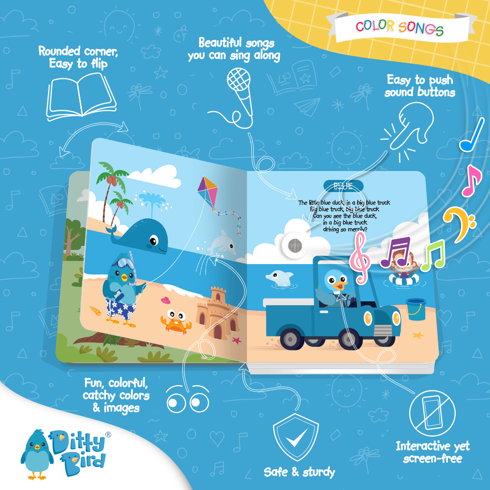 An open Ditty Bird Color Songs | AG10 model shows a beach scene with Ditty Bird, whale, kite, sandcastle, and truck. Colorful music notes and playful text highlight its interactive preschool features for added fun.