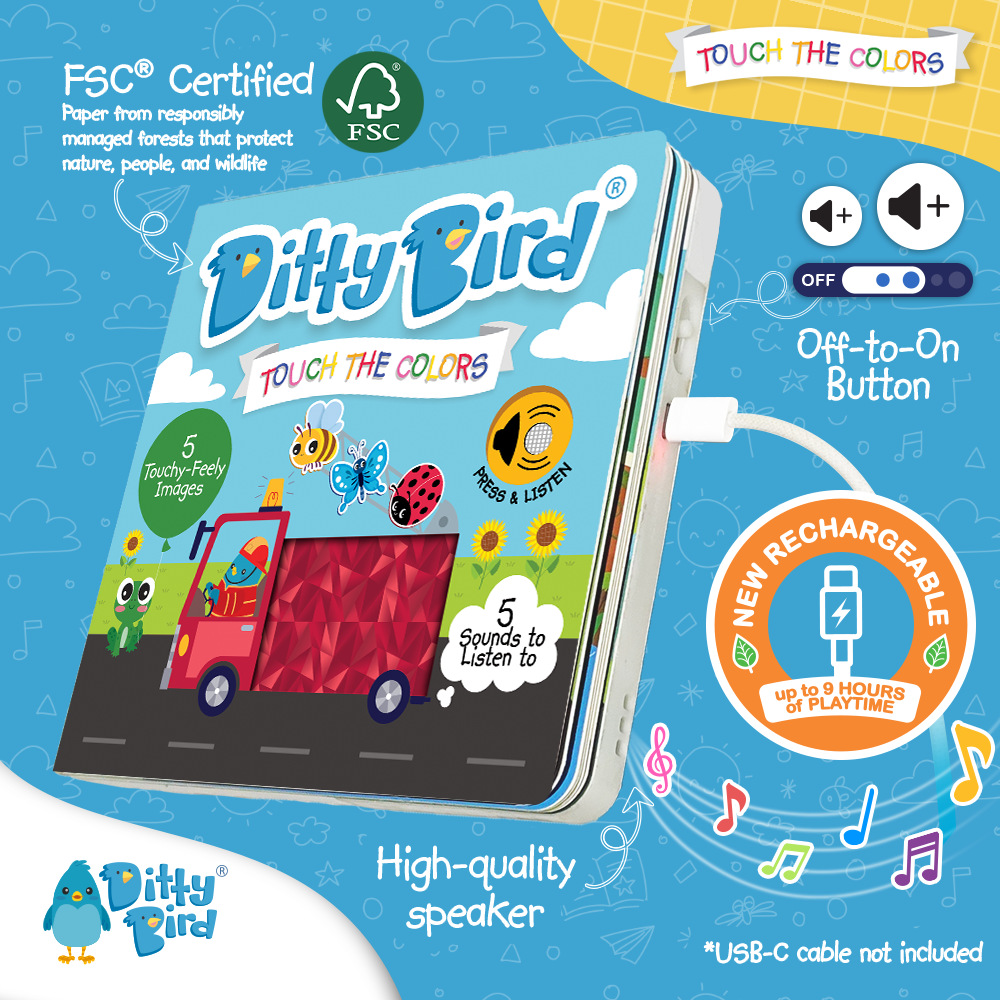 A vibrant image of Ditty Bird's "Touch the Colors | USB-C rechargeable" book highlights its touch-activated red truck, sound button, off/on switch, FSC certification, USB-C charging, and up to 9 hours of playtime.