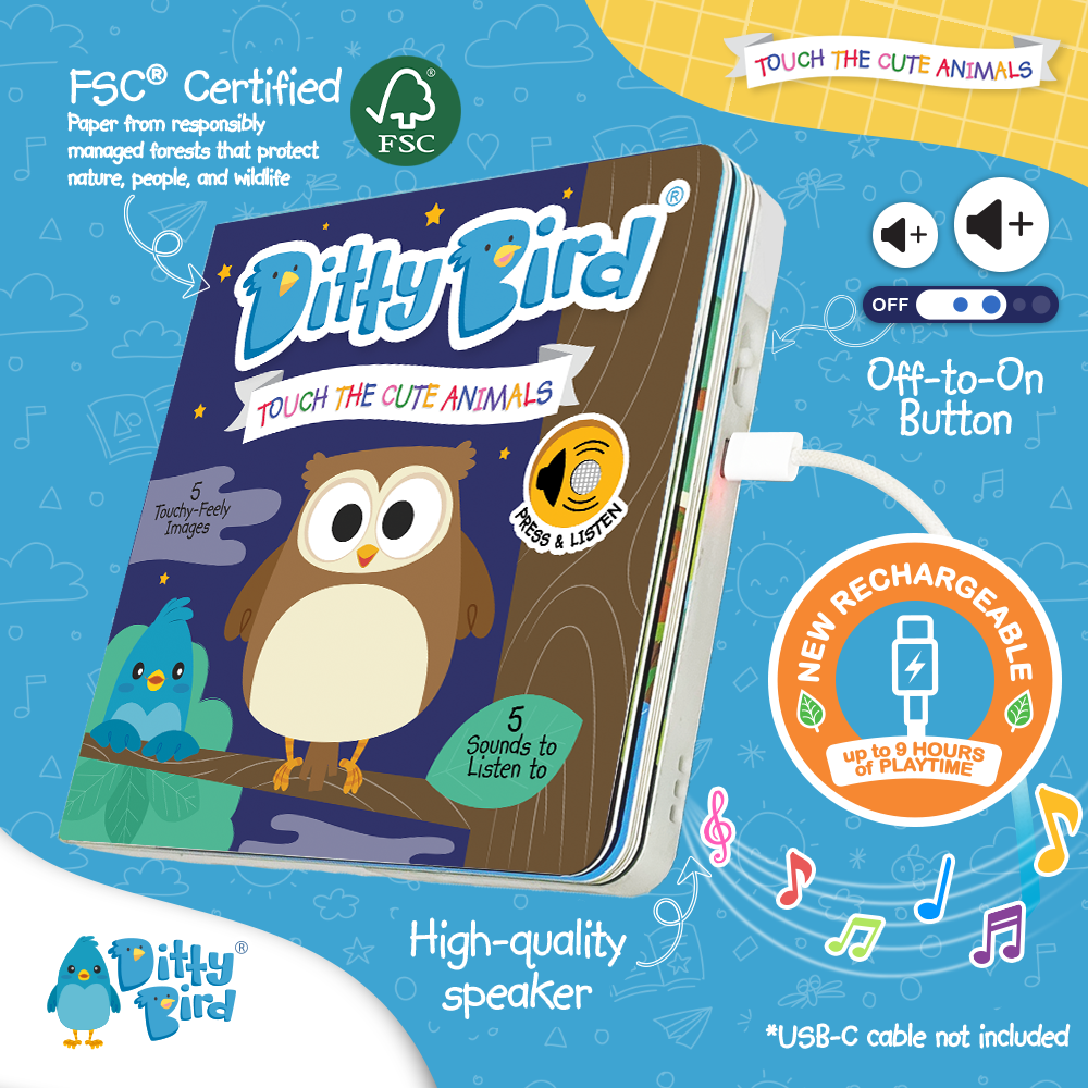 The Ditty Bird "Touch the Cute Animals" sound book features an owl and blue bird on its square cover. Enjoy animal sounds, multisensory learning, a USB-C rechargeable battery, on-off button, quality speaker, and FSC certification.