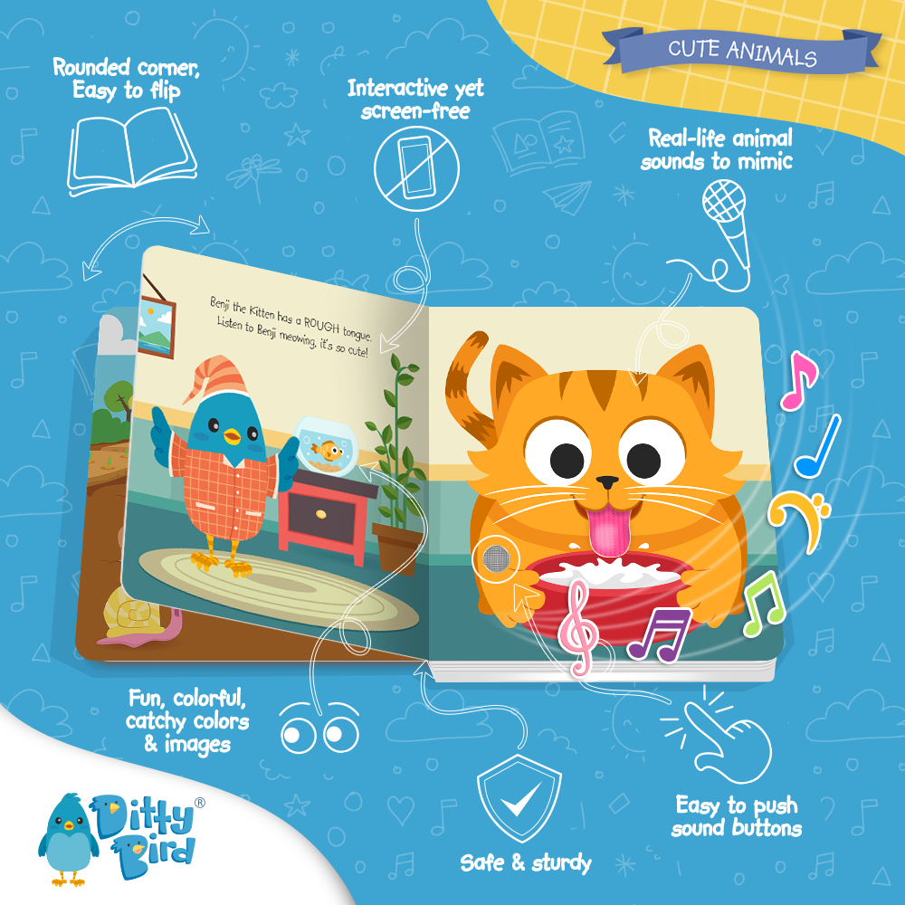The Ditty Bird "Touch the Cute Animals" USB-C rechargeable book features a blue bird in clothes and an orange cat licking its tongue, with animal sound icons and playful, colorful designs for multisensory learning.