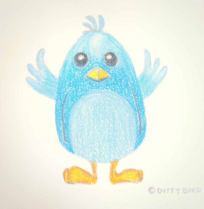 A hand-drawn, blue cartoon bird with large eyes, yellow beak, orange feet, and raised wings stands facing forward—an adorable character perfect for an early learning educational toy. The image is signed Ditty Bird in the bottom right corner.