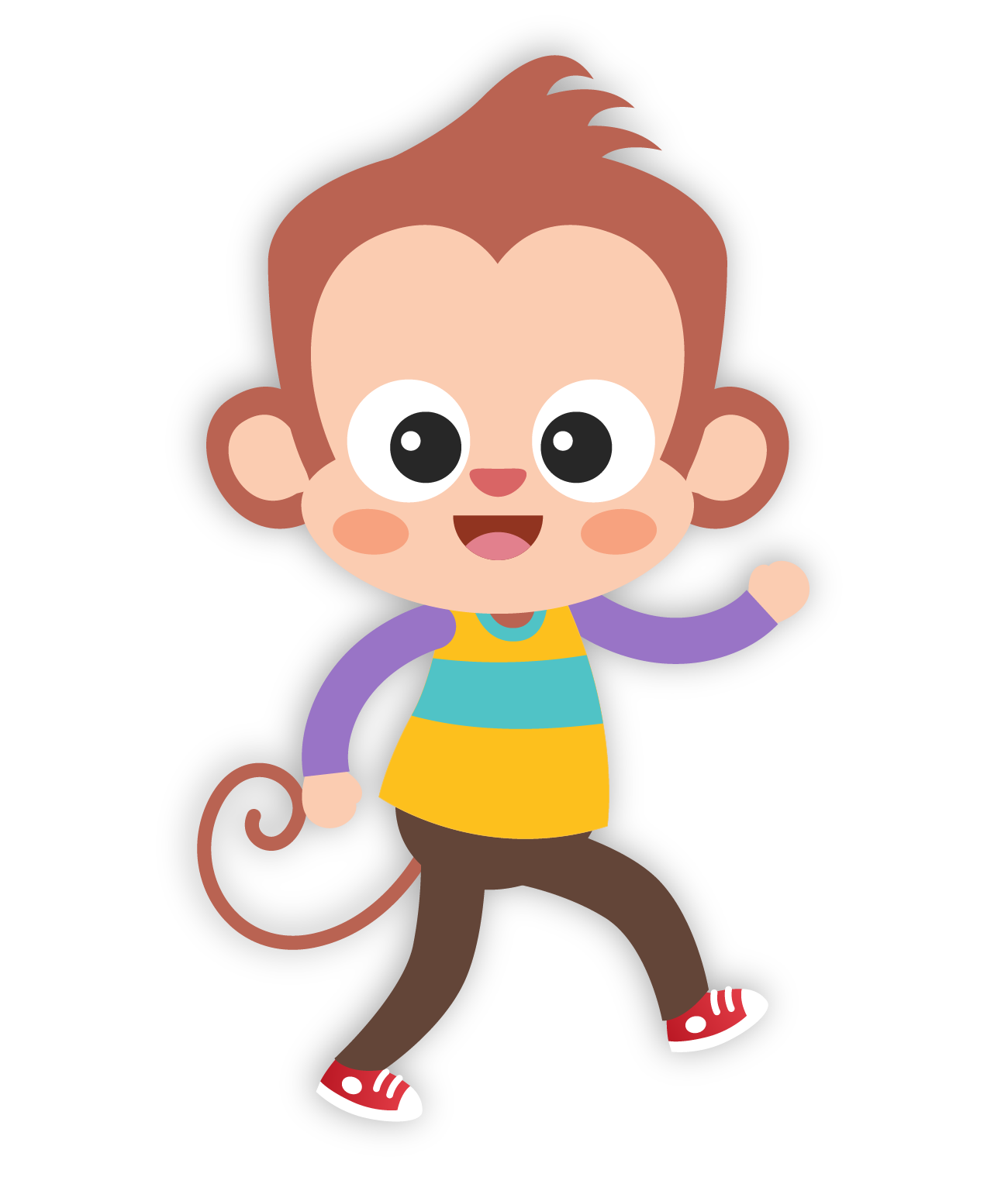 Cartoon illustration of a smiling monkey with big eyes, in a yellow and teal striped shirt, brown pants, and red sneakers, walking with one arm raised—perfect for early learning or as inspiration for baby toys 6-12 months.