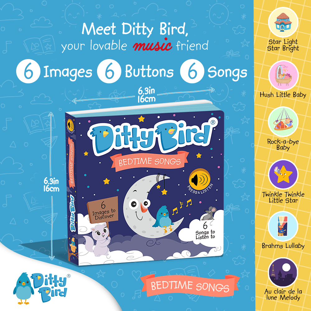List of Ditty Bird Bedtime Songs sound book, includes Twinkle little star and Hush little baby. perfect gift for 1 year old.