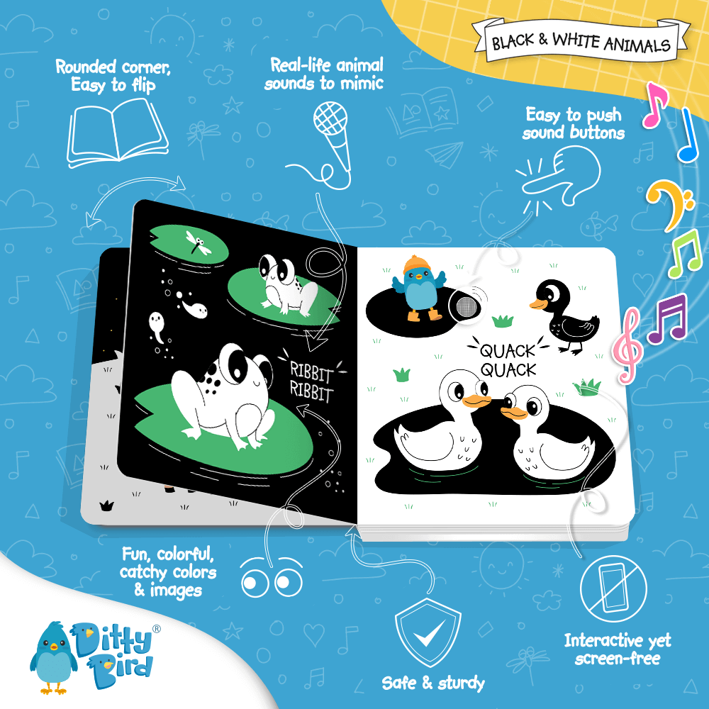 Ditty Bird’s Black & White Animals is an interactive sound book with high-contrast images of a frog, duck, and chick. Colorful icons highlight its safe, sturdy design—a perfect black and white baby book on a playful blue background.