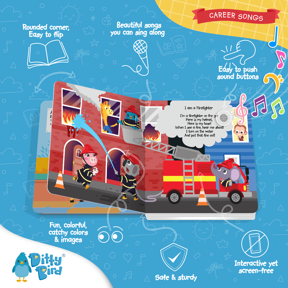 A vibrant children’s book shows animal firefighters rescuing a kitten from a fire, with a red fire truck and music notes, highlighting Ditty Bird’s Career Songs—an interactive book perfect for preschoolers.