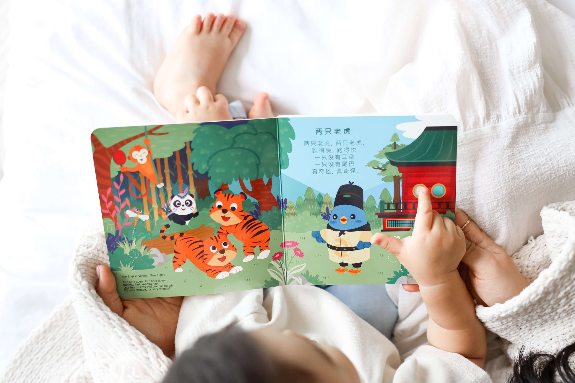 A child sits on an adult’s lap, pointing at Books’ Chinese Songs Vol.1, a colorful children’s songbook featuring animals like tigers and a panda alongside Chinese text.