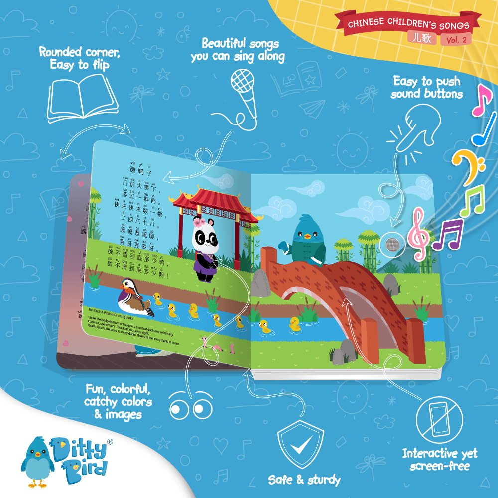 Ditty Bird's Chinese Songs Vol.2 features colorful animal illustrations—a panda, ducks, and a bird on a bridge—plus rounded corners, song buttons, and bilingual music for easy language learning in a playful blue design.