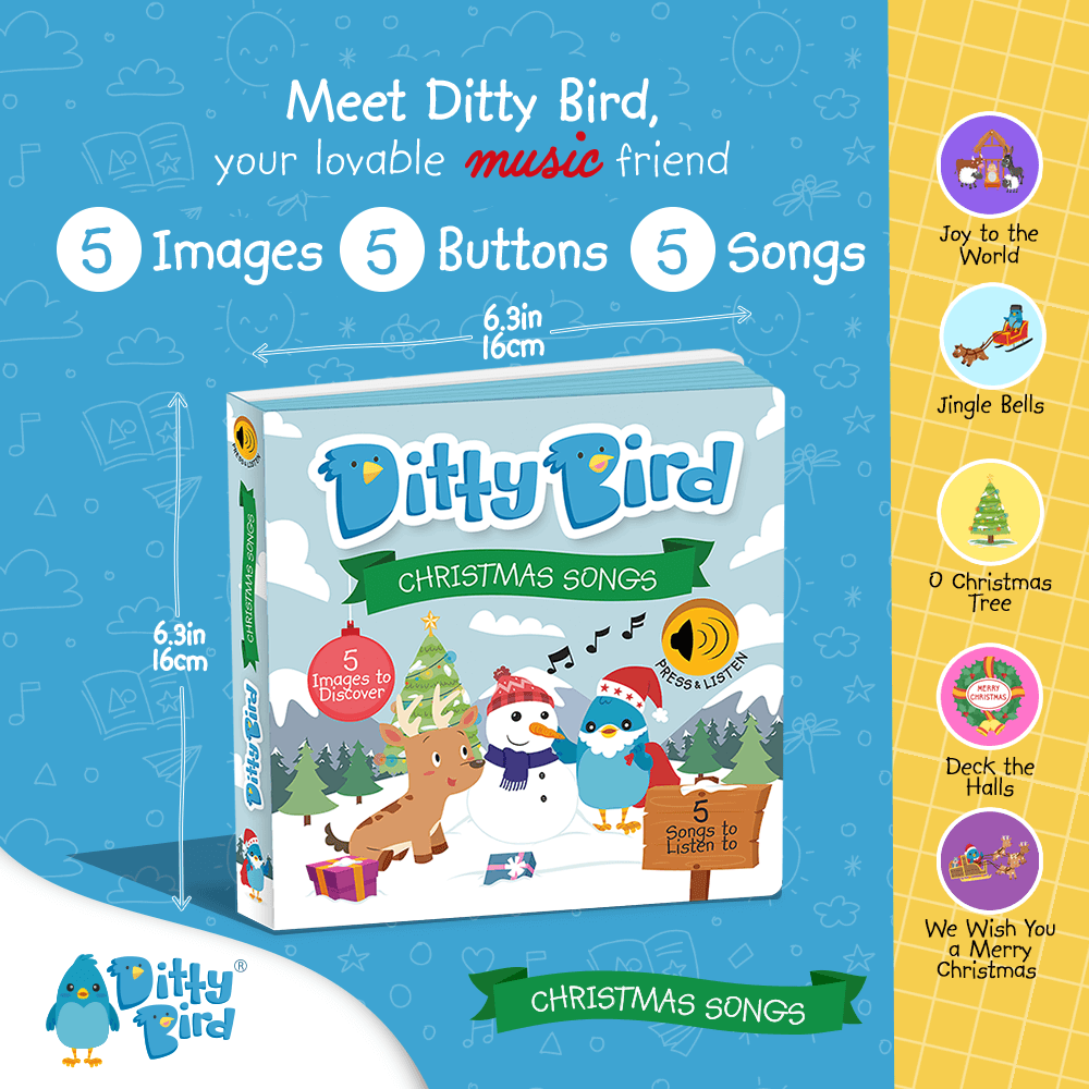 List of Songs in Ditty Bird Christmas Songs, includes Jingle Bells and We wish you a merry christmas. perfect gift for 1 year old.