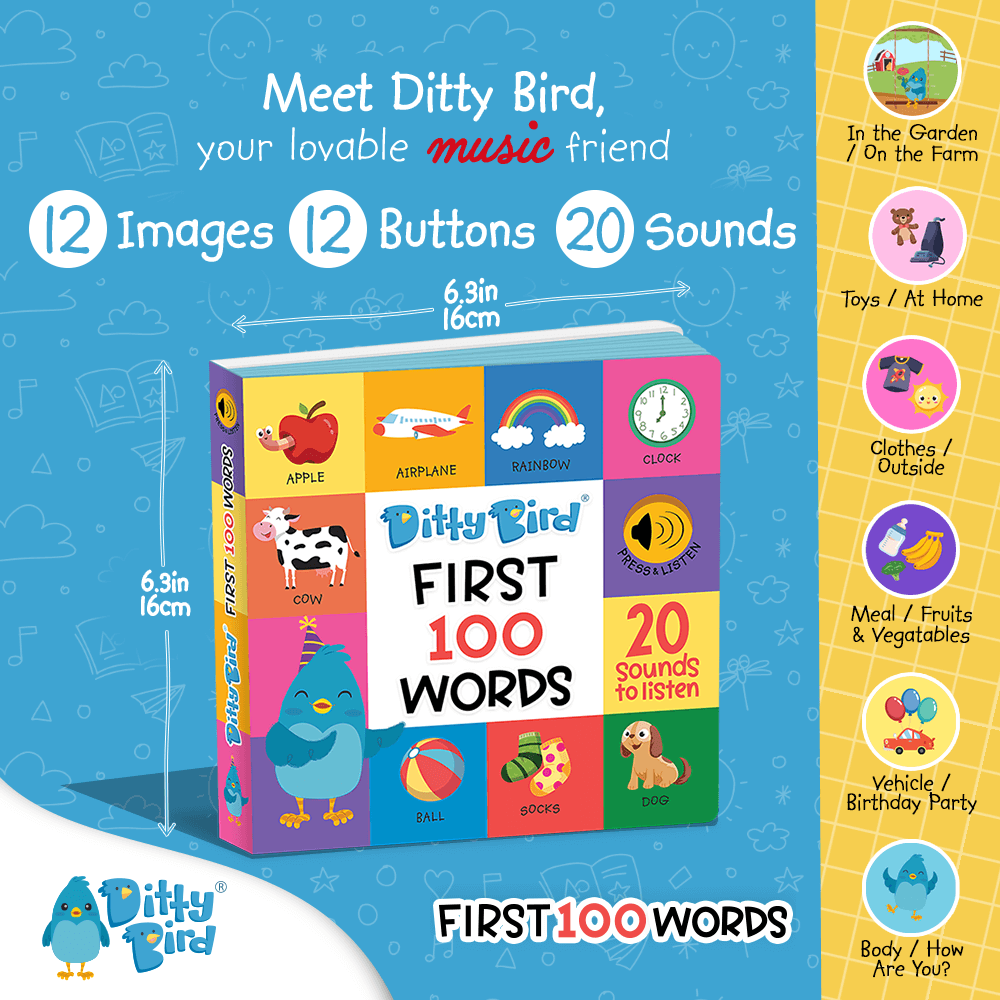 Learn your first 100 words with DITTY BIRD interactive sound books. Perfect gift for for toddlers 1-3