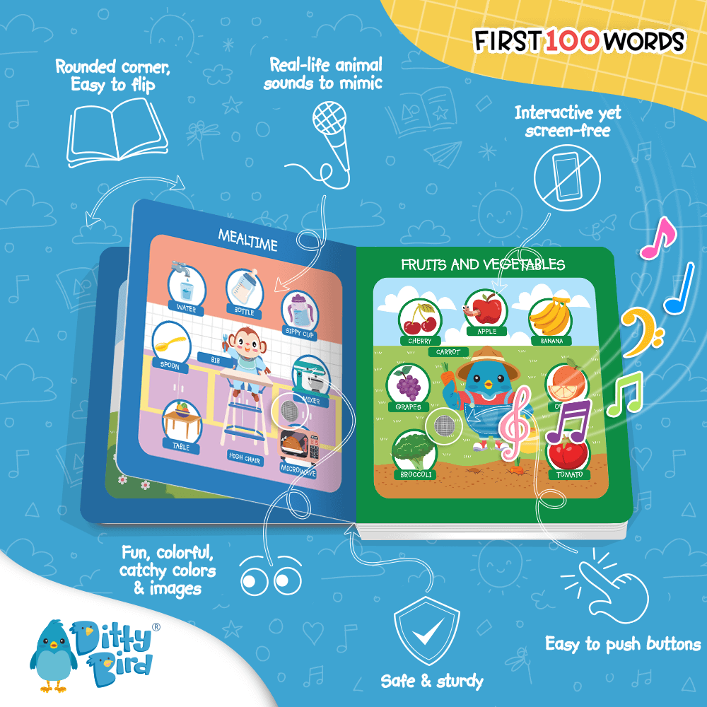 Interactive music book for all ages and skill levels to learn their first 100 words