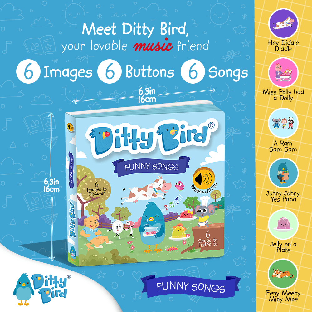 List of Ditty Bird Funny Songs, includes Jelly on a plate, A ram sam sam, Hey diddle diddle and more