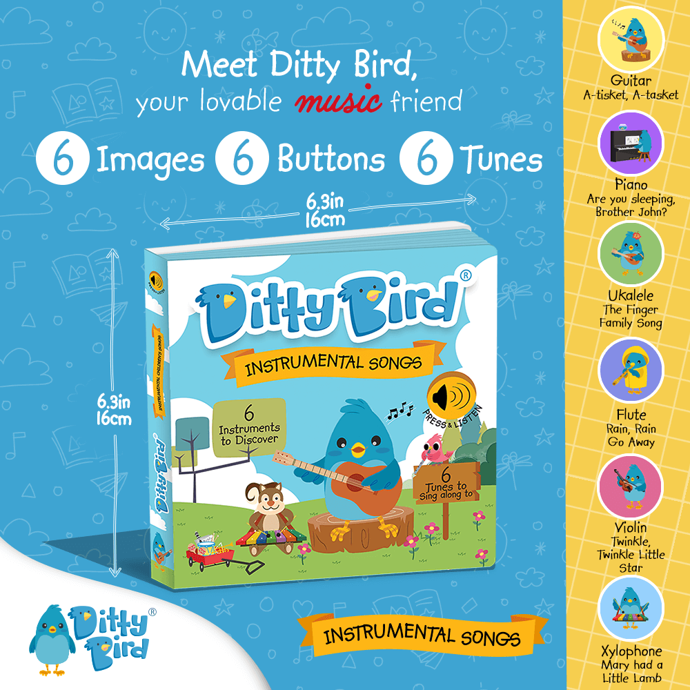 Bright promotional image for the Ditty Bird Gift Set - Instrumental Songs, a musical book for toddlers featuring playful animal art, music notes, and icons highlighting 6 buttons, 6 images, and 6 fun tunes about musical instruments.