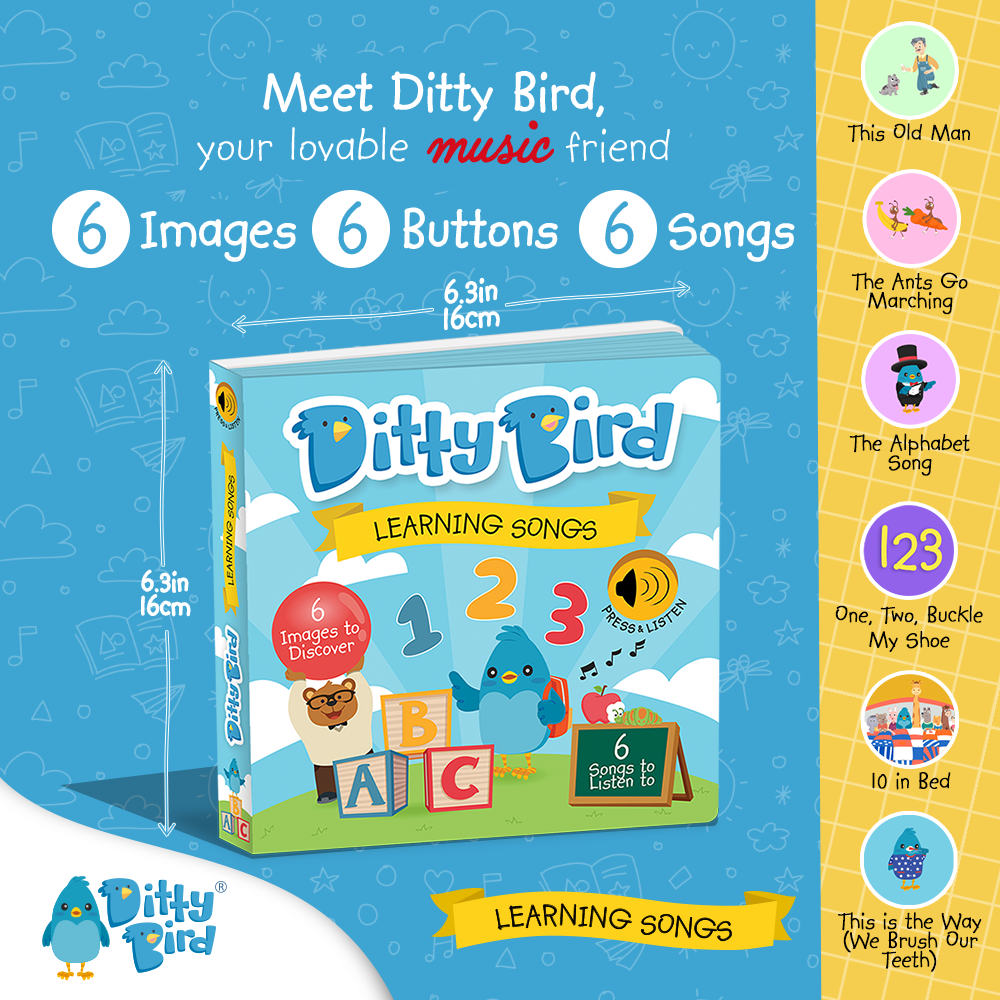 Colorful promo image for Ditty Bird's Learning Songs | USB-C rechargeable book, showing six buttons, images, and songs. Book box features playful icons and a list of included children's songs on the right.