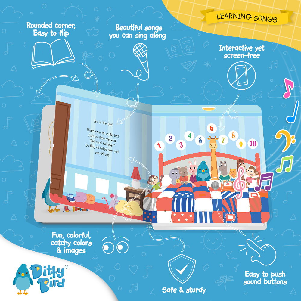 Ditty Bird’s “Learning Songs” is a USB-C rechargeable interactive children’s book with animals in bed numbered 1–10, song lyrics on the left, colorful images on a blue background, easy-flip rounded pages, and engaging interactive buttons.