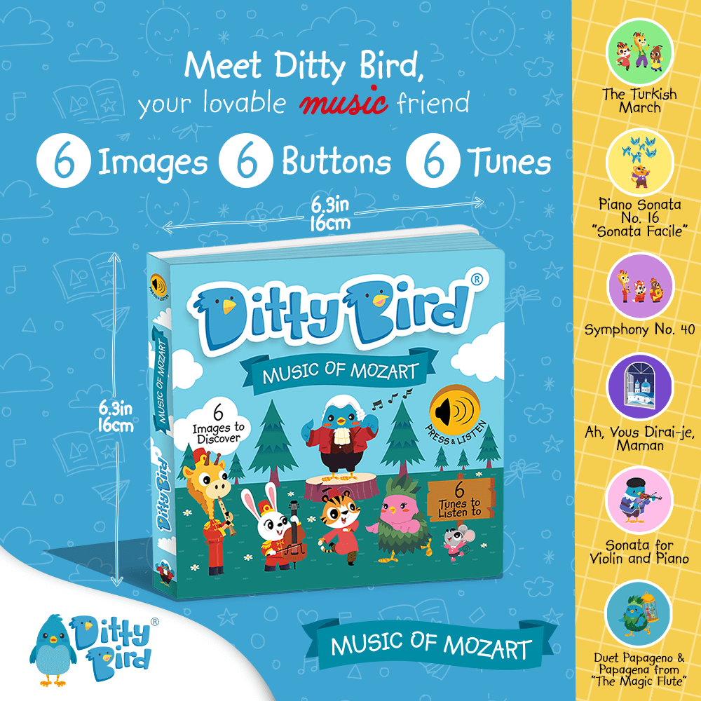 List of Ditty Bird Music of Mozart, includes the Turkish March and the Magic Flute. Promotes auditory development and music appreciation.