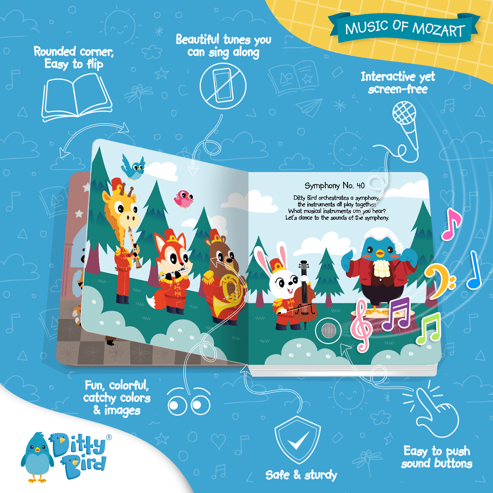 Interactive Musical Book with colorful illustrations and easy to push sound buttons. Perfect gift for 1 year olds.