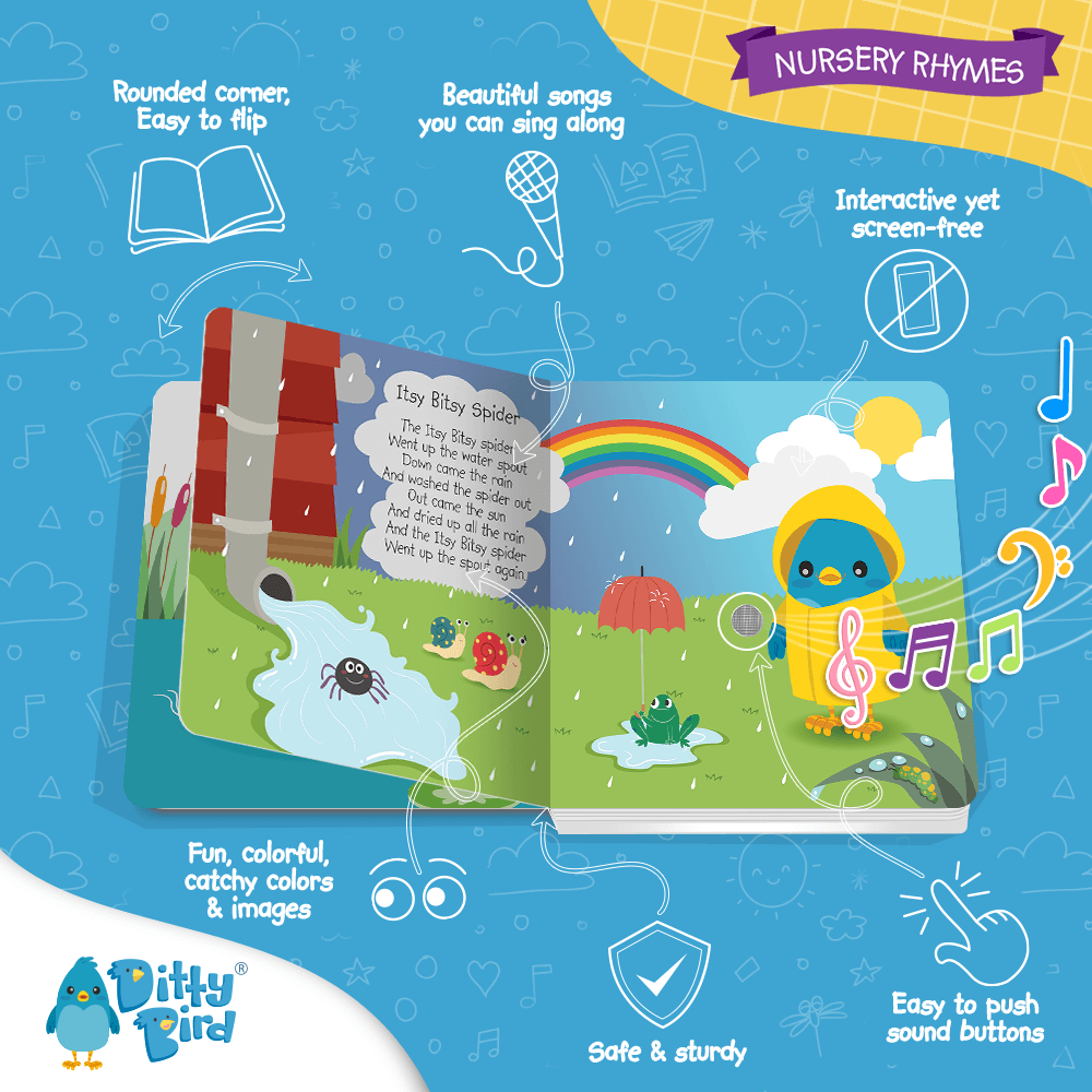 Open Ditty Bird's "Nursery Rhymes" USB-C rechargeable musical book with colorful illustrations, rounded corners, easy-press buttons, catchy songs, sturdy design, and interactive sound for kids.