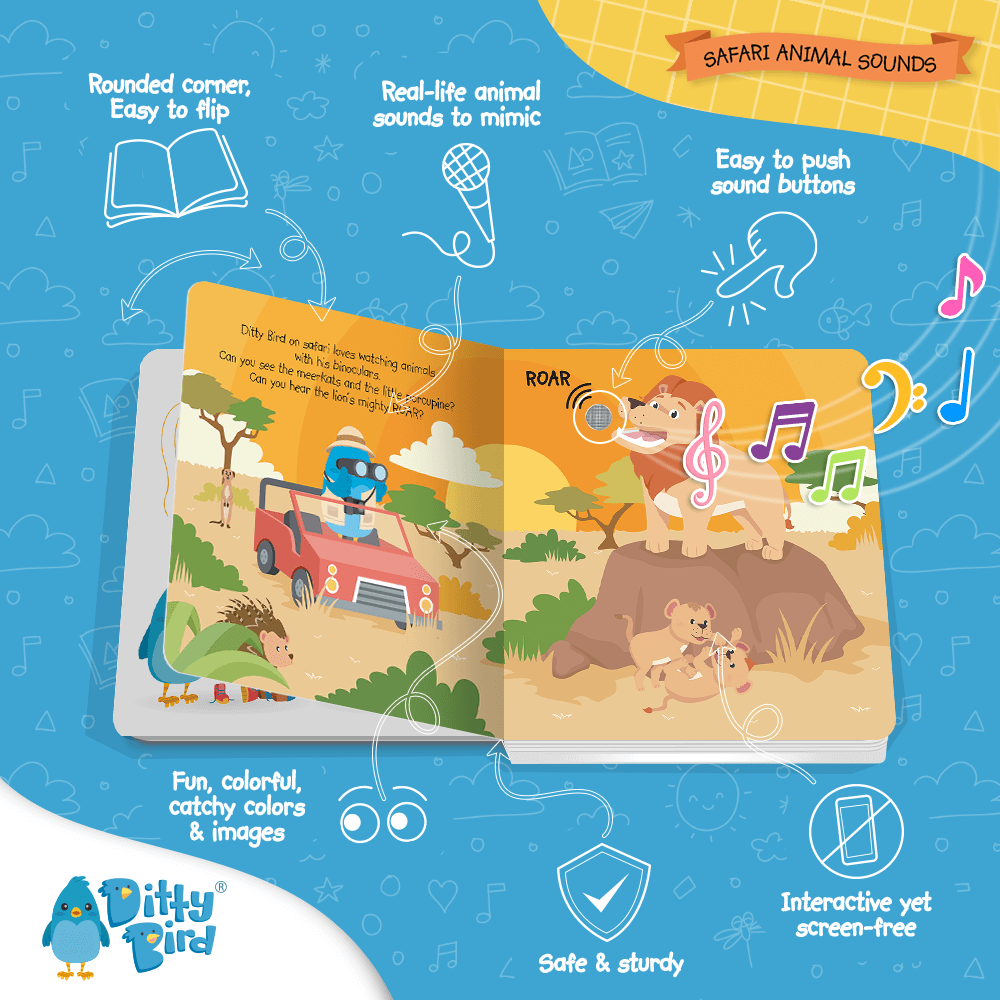 Ditty Bird’s “Safari Animal Sounds” is an interactive children’s book page with lions, a jeep, and birds. Features real African animal sounds, easy-to-use buttons, colorful images, and Ditty Bird icons for music and sound.