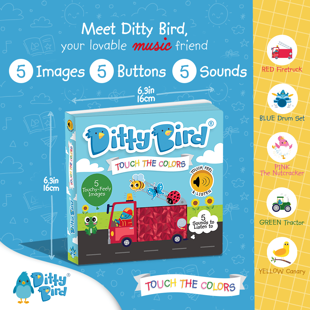Ditty Bird’s “Touch the Colors” is a colorful, USB-C rechargeable sound book with five interactive buttons featuring a red firetruck, blue drum set, and more—ideal for sensory play and fun learning through sounds and images.