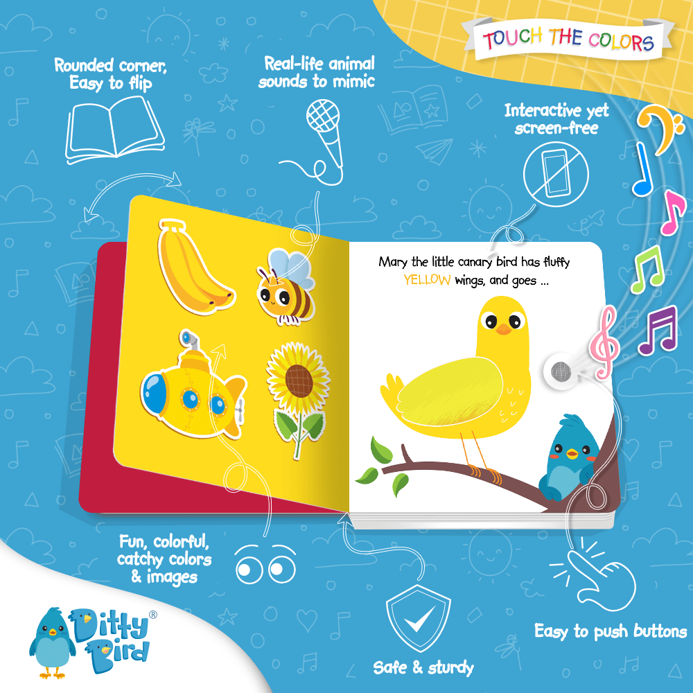 An open Ditty Bird "Touch the Colors" sound book displays vibrant images and interactive buttons featuring animals and objects. With USB-C rechargeability, it offers fun sounds and sensory play, making it perfect for children.