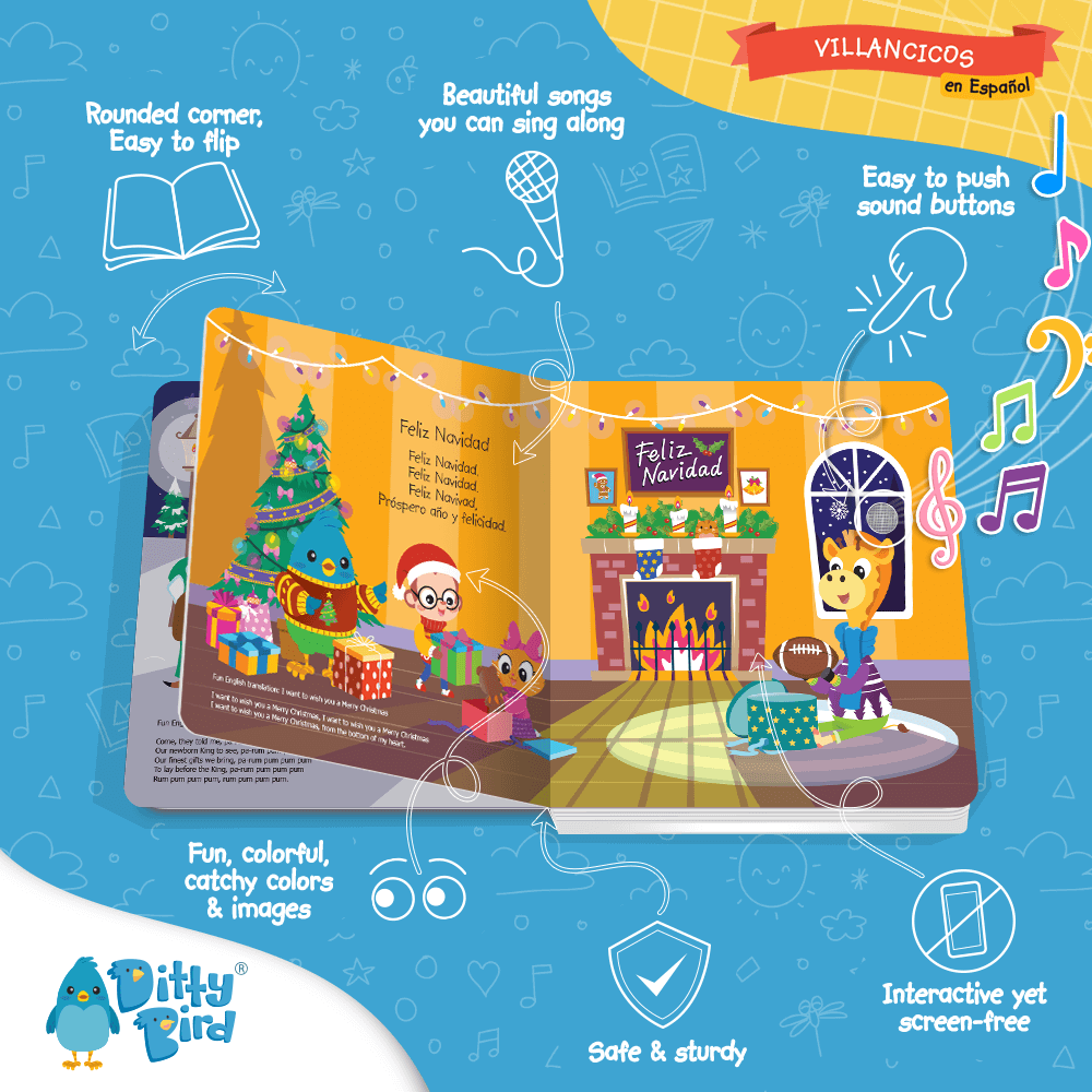 Ditty Bird Villancicos en Español. Educational sound book with 6 christmas songs in spanish. canciones de navidad para niños de preescolar