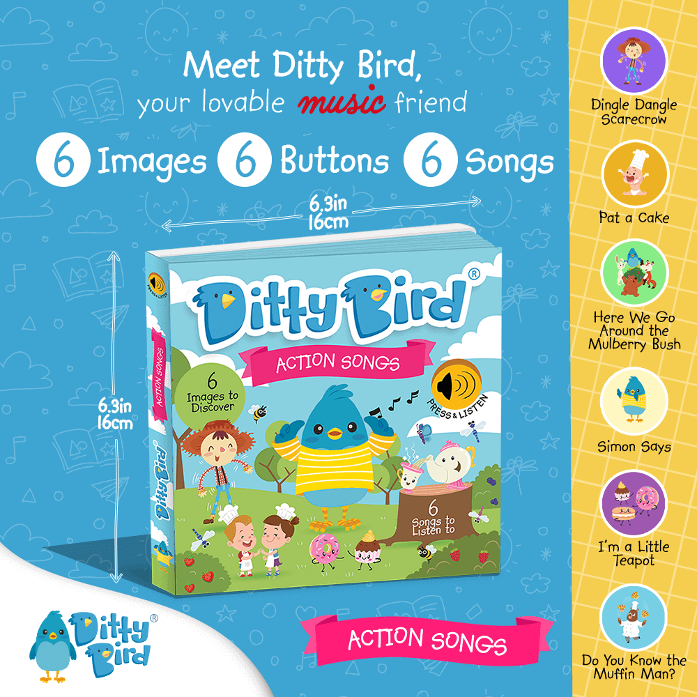 Ditty Bird Action Songs List of Songs includes Dingle Dangle scarecrw and I am a little teapot. Great learning toy for babies and toddlers