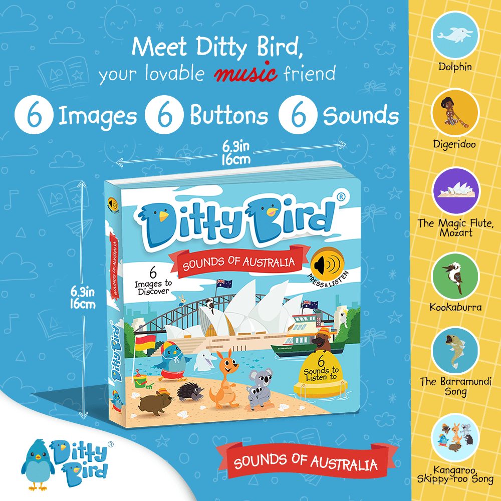 List of Sounds in Ditty Bird Sounds of Australia board book. Includes 6 beautiful images and 6 sounds like digeridoo, kookaburra and the Kangaroo Skippy-Roo song