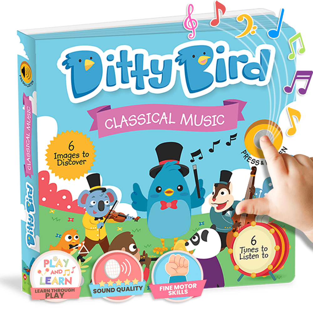 Ditty Bird’s Classical Music book features cartoon animals with instruments, a yellow "Press" button for kids, and promotes cognitive development, clear sound quality, and play-based learning on the cover.